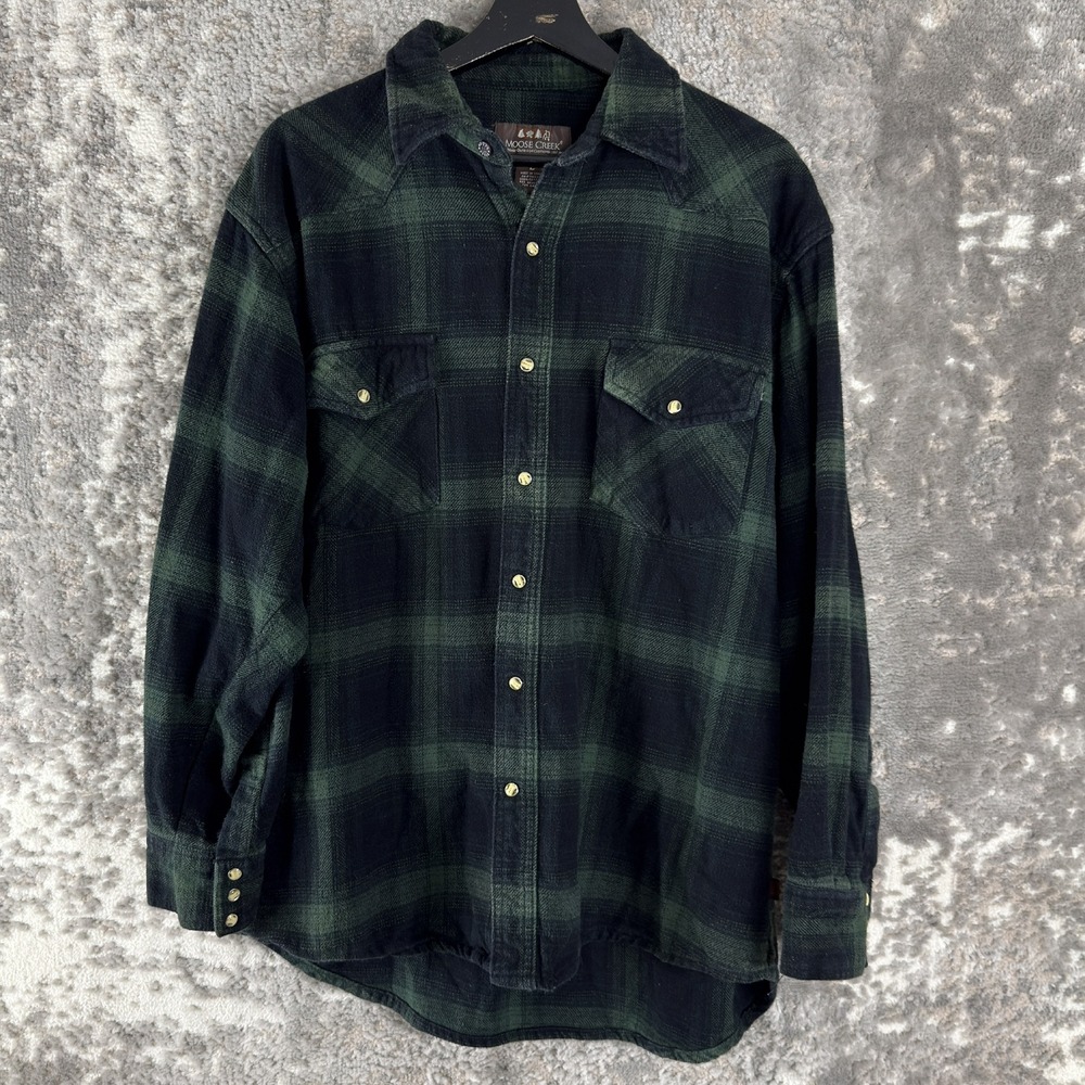Moose Creek Sz L Plaid Flannel Heavyweight Button Up Shirt Green Long Sleeve Men